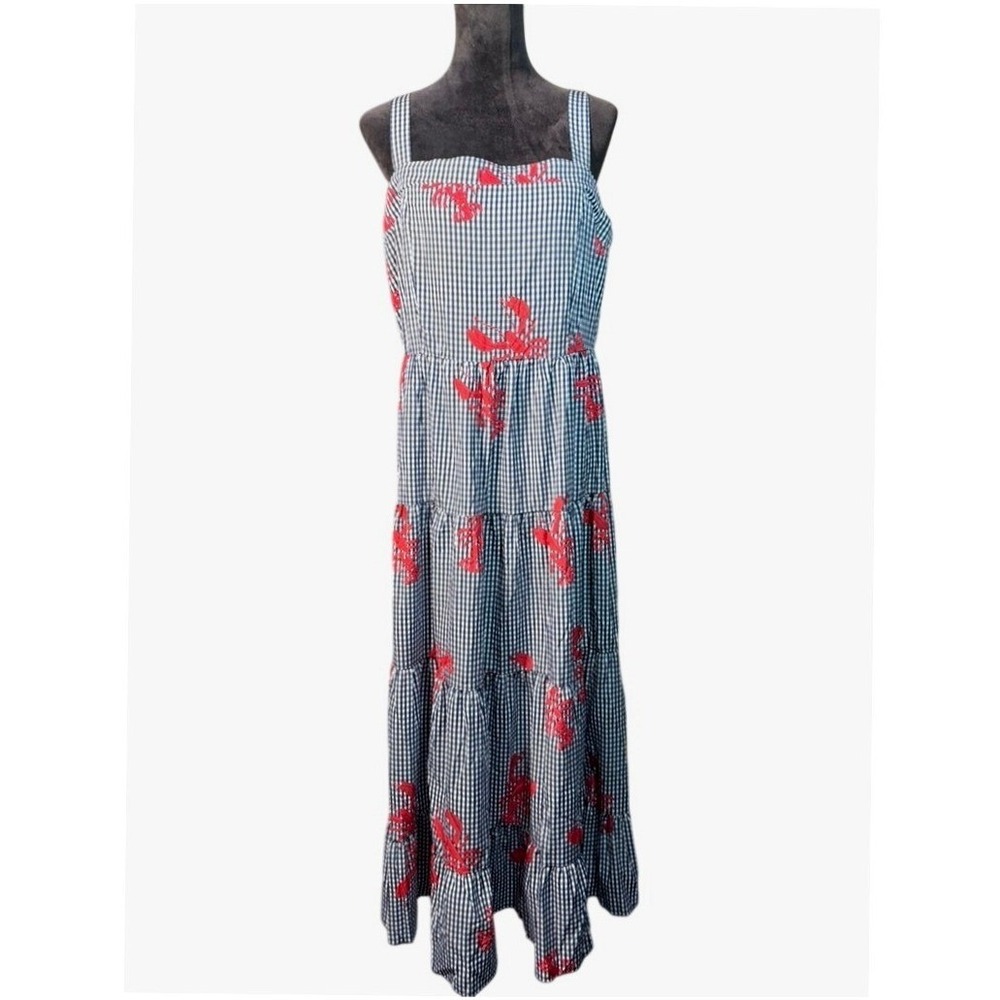 Gingham Maxi Dress with Red Floral Print